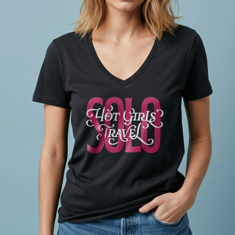 Hot Girls Travel Solo - Women's V-Neck T-Shirt
