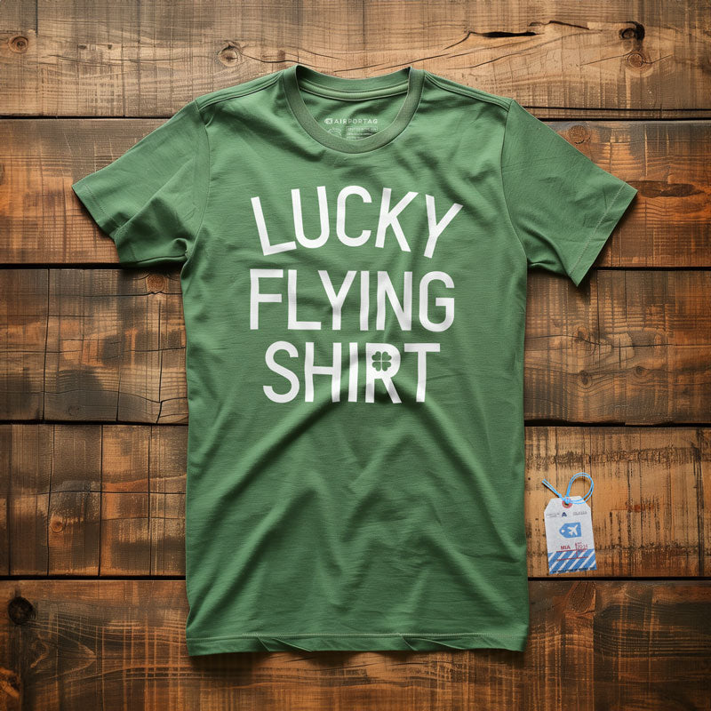A green crew neck t-shirt with the text 'LUCKY FLYING SHIRT' printed in white on the front, displayed on a wooden surface.