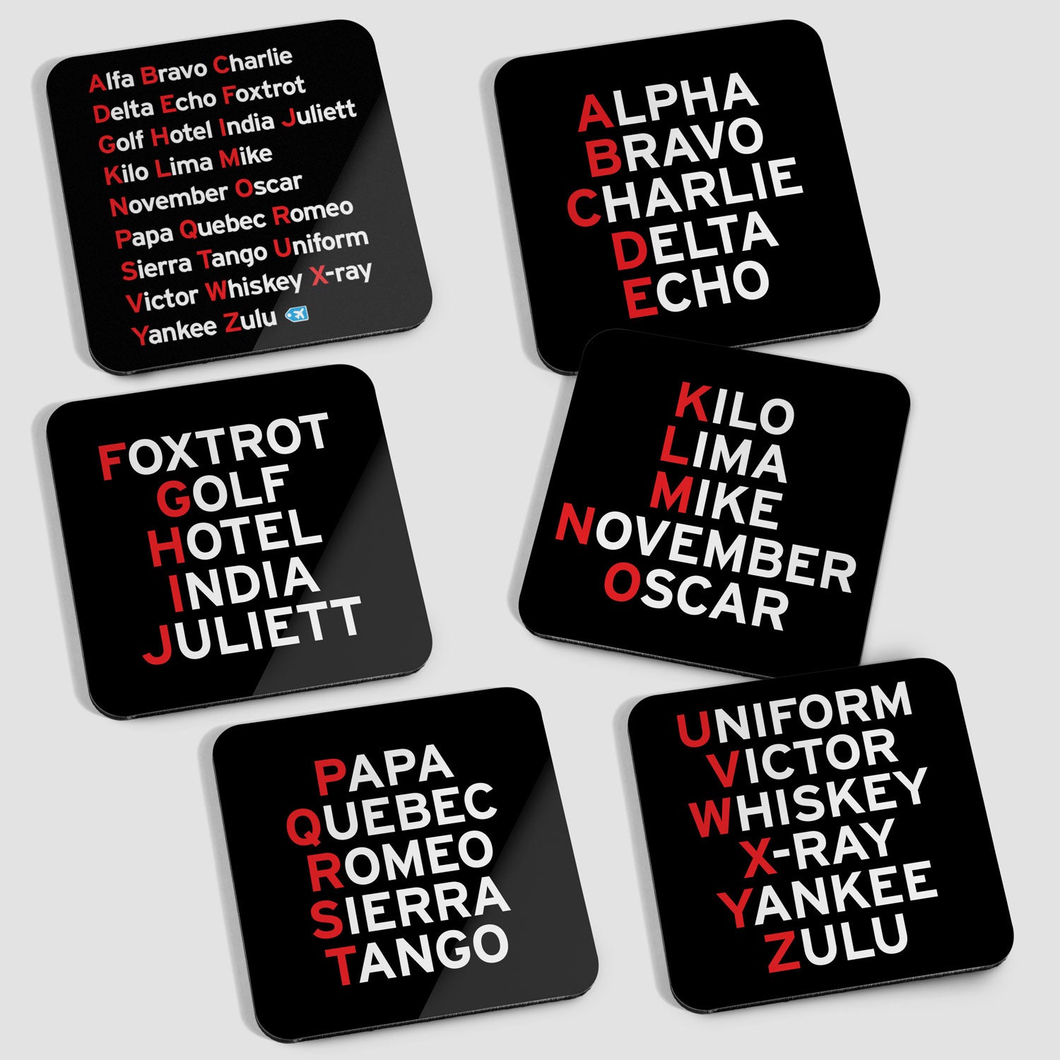 NATO Phonetic Alphabet - 6 Coasters Set
