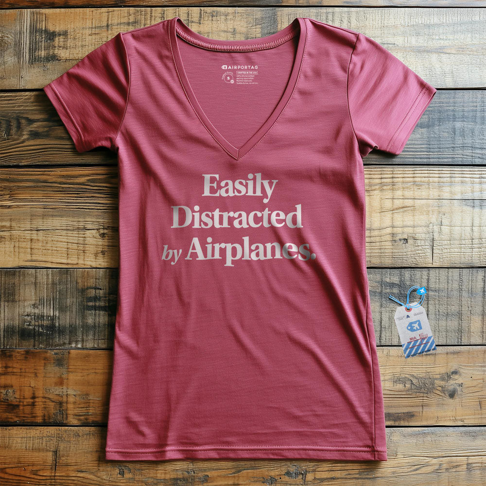 Easily Distracted By Airplanes - Women's V-Neck T-Shirt