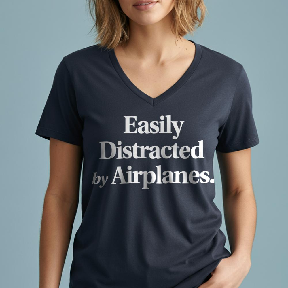 Easily Distracted By Airplanes - Women's V-Neck T-Shirt