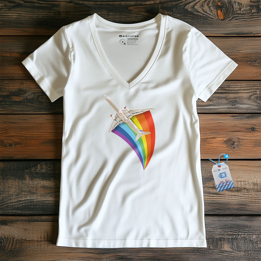 Plane Flying Rainbow - Women's V-Neck T-Shirt