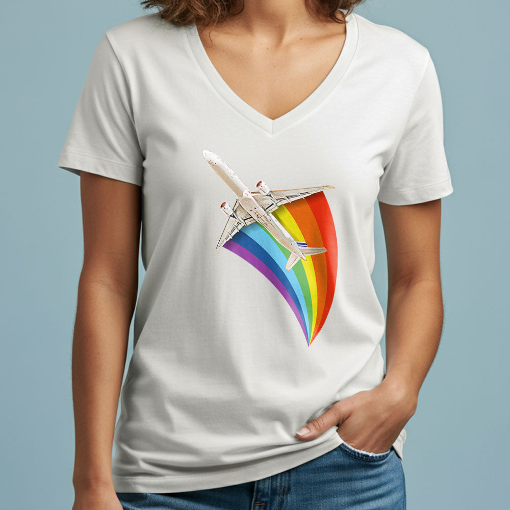 Plane Flying Rainbow - Women's V-Neck T-Shirt