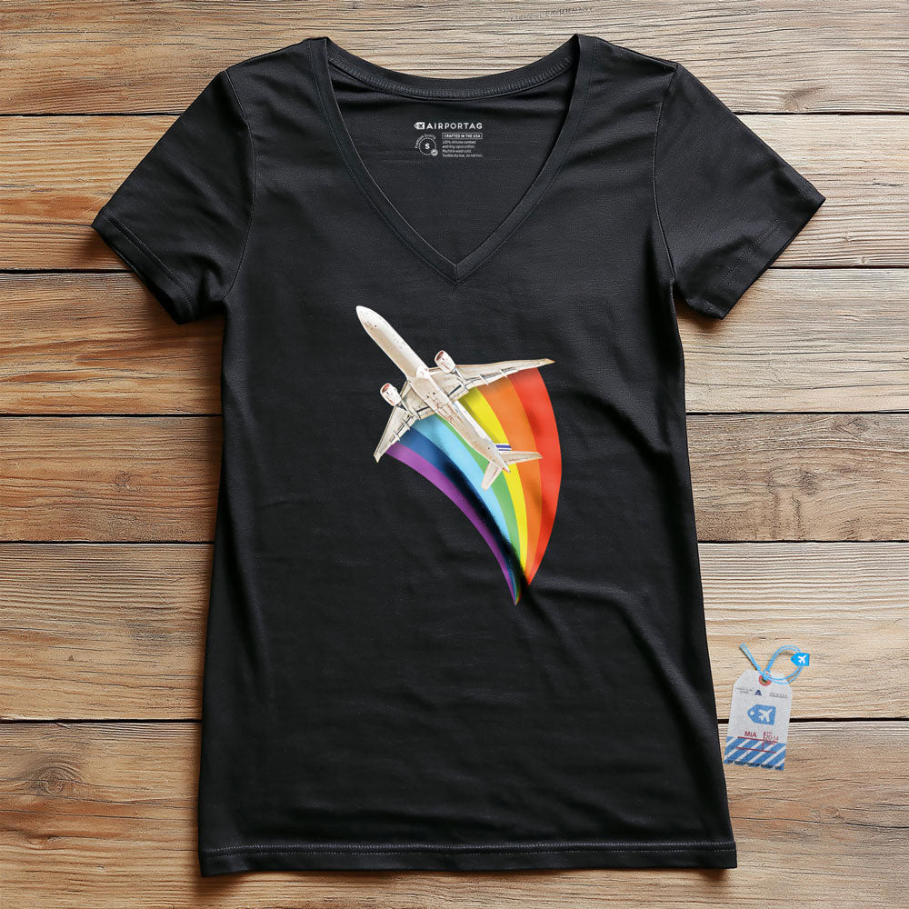 Plane Flying Rainbow - Women's V-Neck T-Shirt