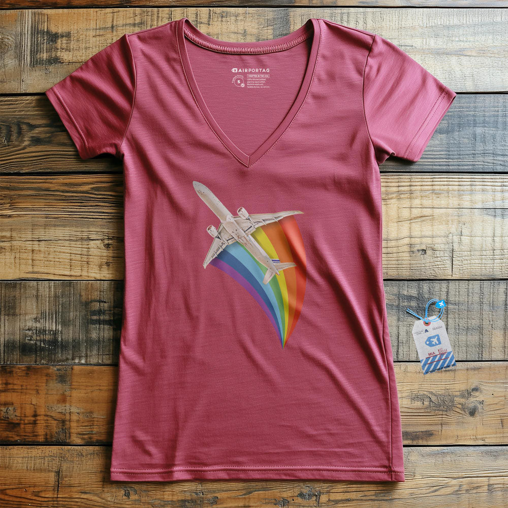 Plane Flying Rainbow - Women's V-Neck T-Shirt