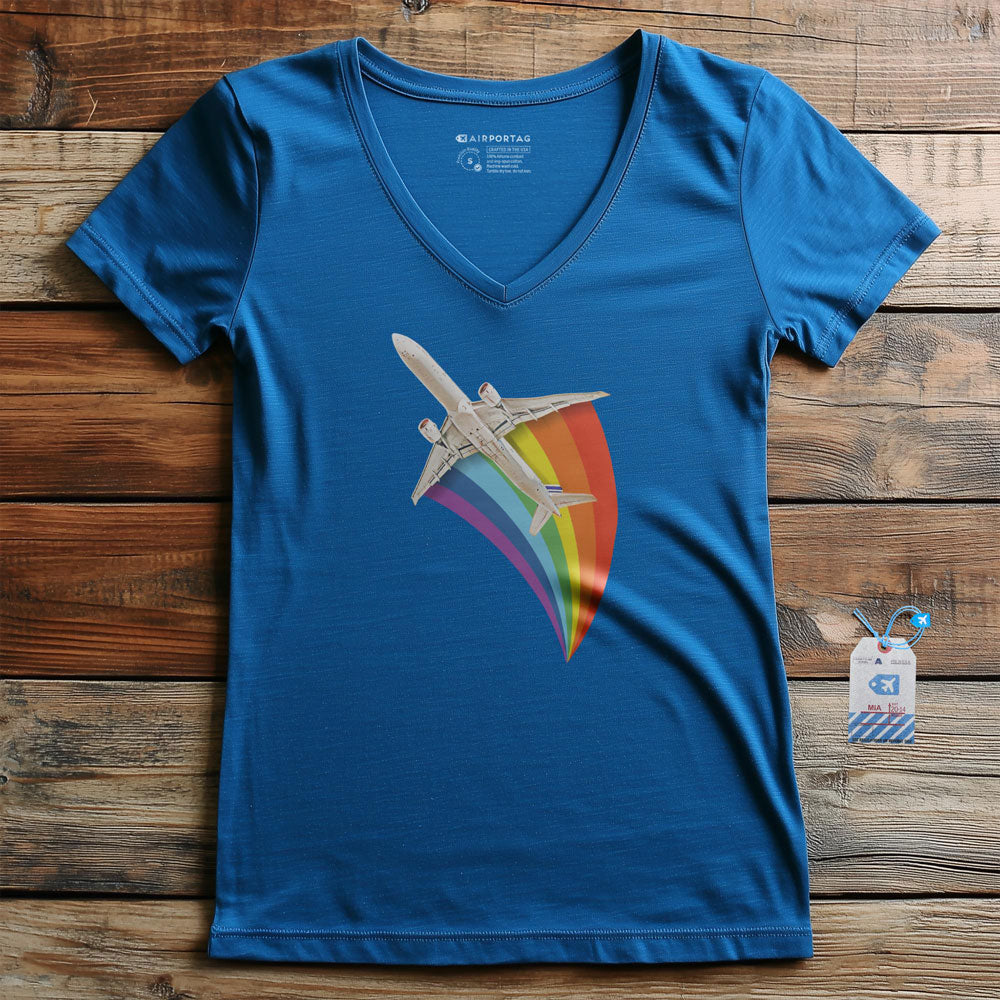 Plane Flying Rainbow - Women's V-Neck T-Shirt