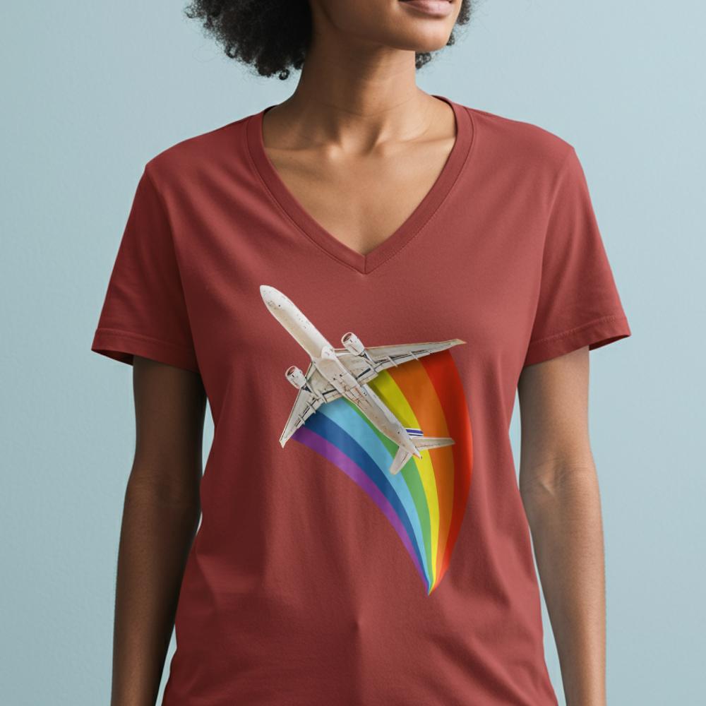 Plane Flying Rainbow - Women's V-Neck T-Shirt