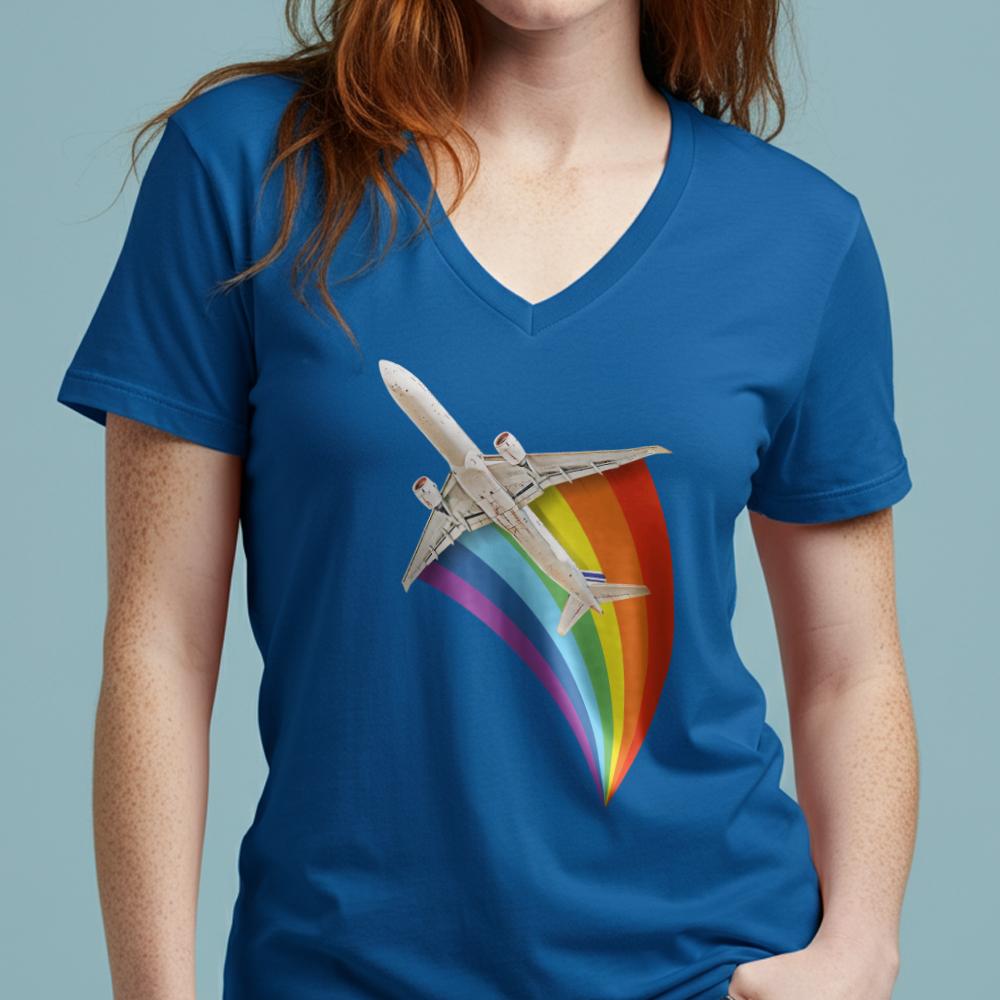 Plane Flying Rainbow - Women's V-Neck T-Shirt