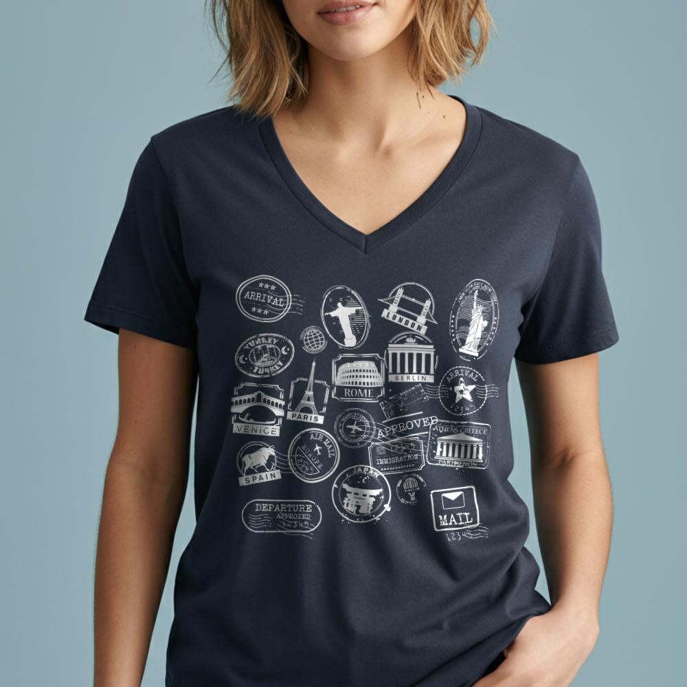 Travel Stamps - Women's V-Neck T-Shirt