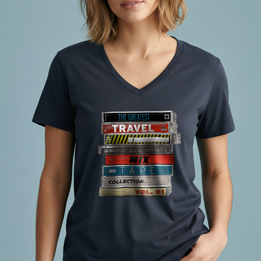 Travel Mix Cassette Stack - Women's V-Neck T-Shirt