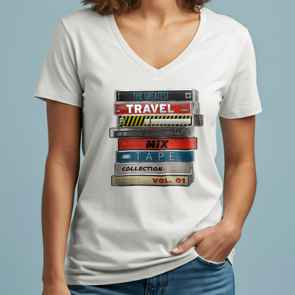 Travel Mix Cassette Stack - Women's V-Neck T-Shirt