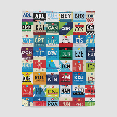 Throw Blanket Worldwide airport codes pattern.