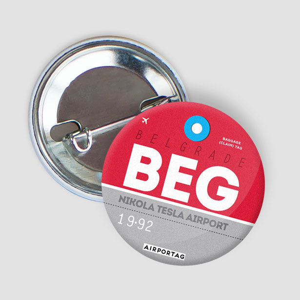 Begcode Beg Pinback Button - Nikola Tesla Airport - Belgrade, Serbia - IATA code BEG