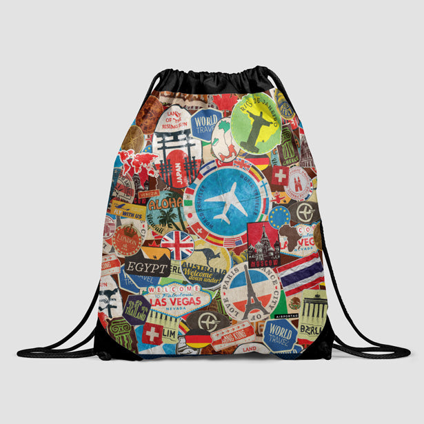 Travel Stickers - Drawstring Bag - Airportag