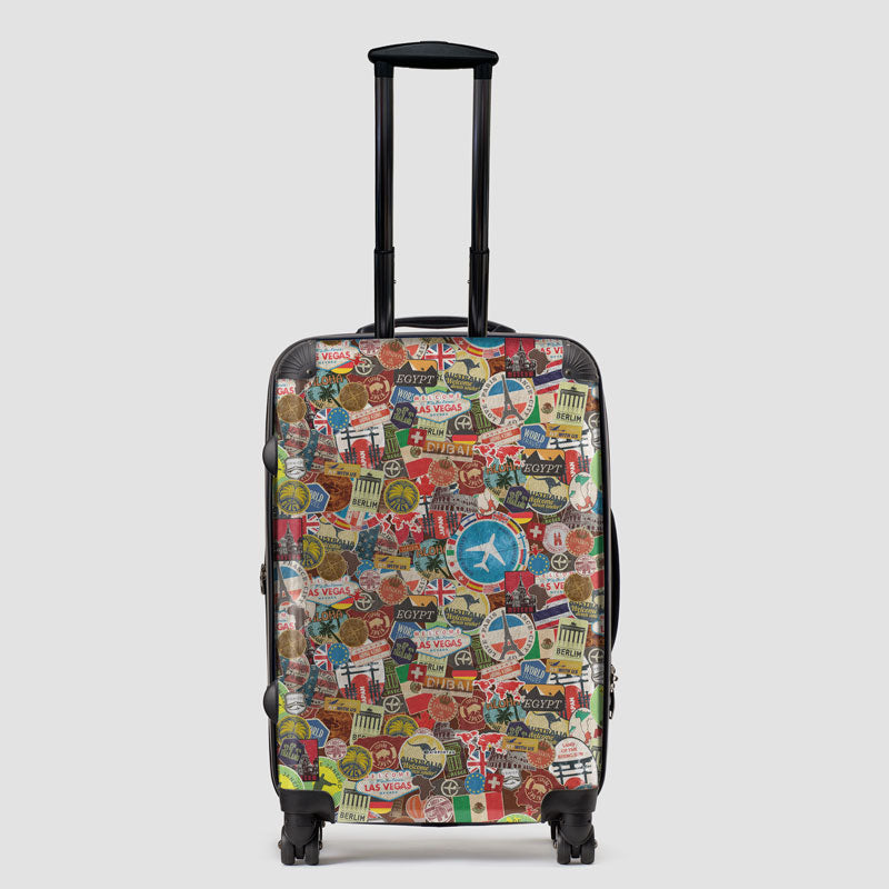 Luggage with store stickers